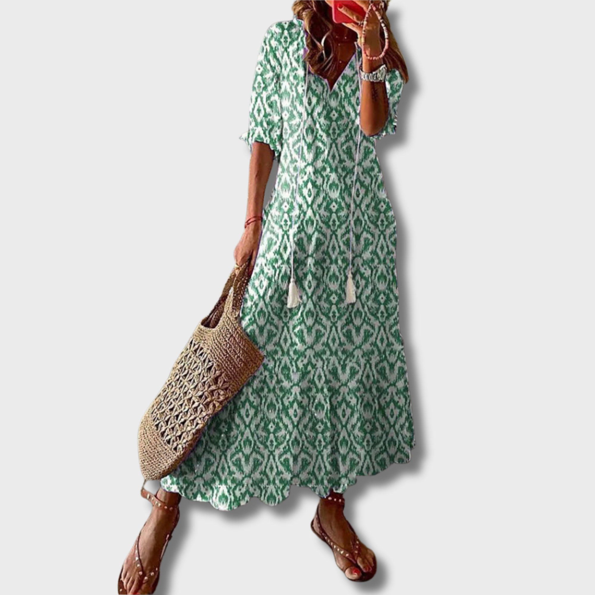 Jana - Boho Vintage V-krční tištěné šaty
