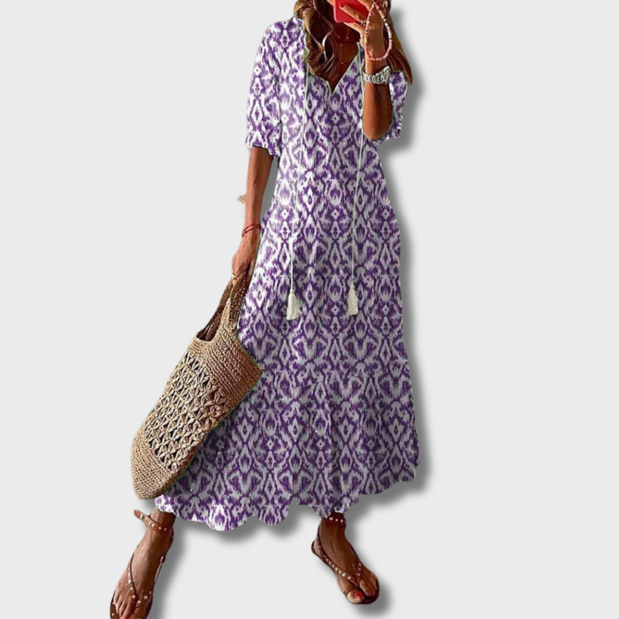 Jana - Boho Vintage V-krční tištěné šaty