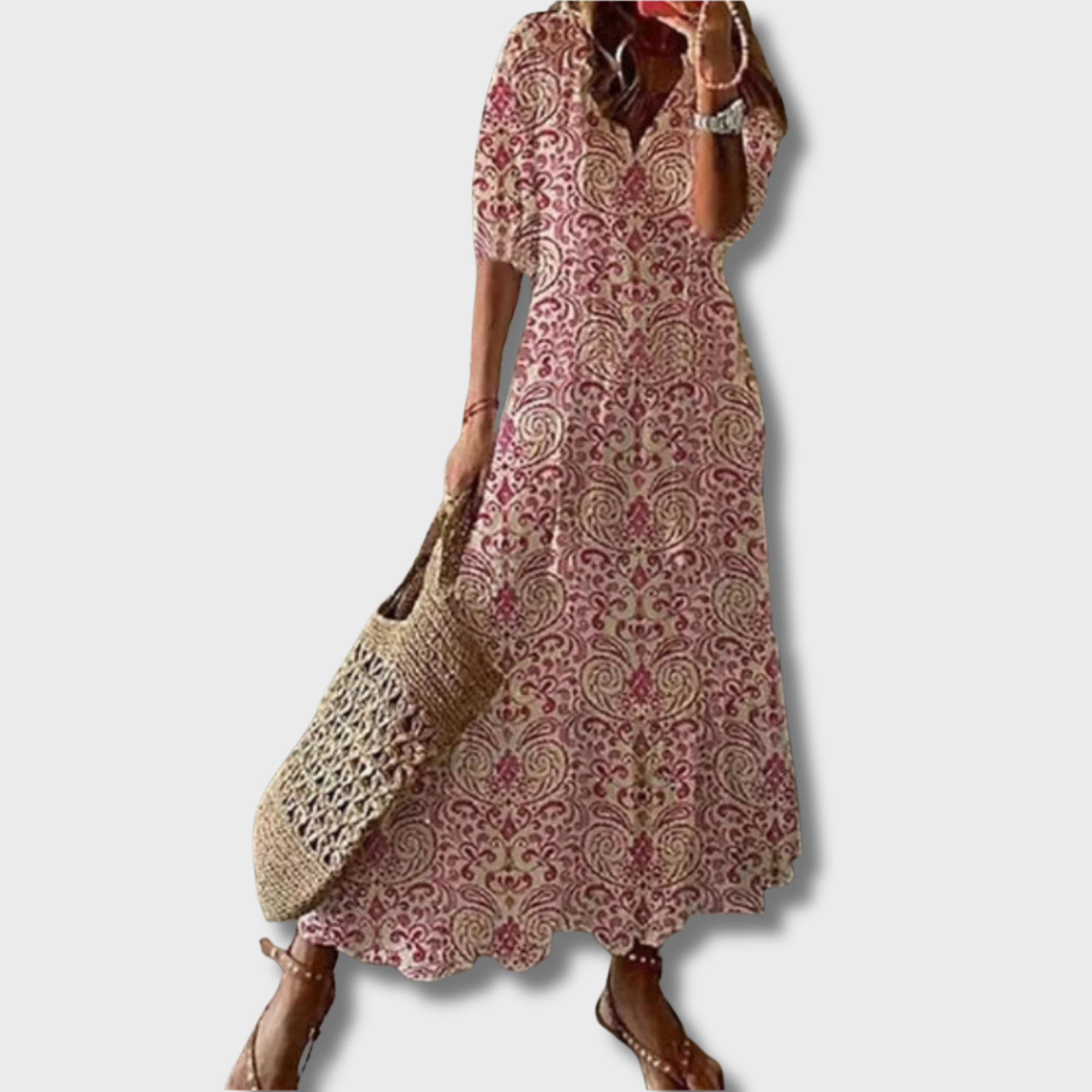 Jana - Boho Vintage V-krční tištěné šaty