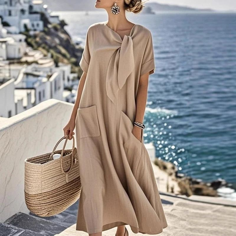 Emilia | Béžové maxi šaty s mašlí