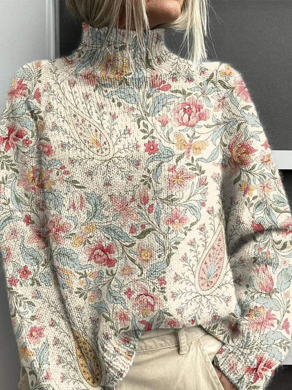 Vintage Paisley Květinový Potisk Pletený Rolák Svetr